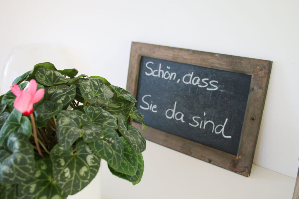 Eine kleine Kreidetafel mit dem Schriftzug "Schön, dass Sie da sind" steht neben einer Topfpflanze und schafft vor einem schlichten weißen Hintergrund eine einladende Atmosphäre, die perfekt zu Logopädie Gummersbach passt.